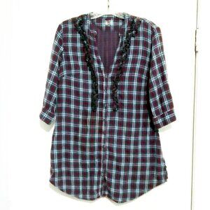 Converse  Plaid Burgundy & Teal Flannel  V Neck Ruffled Edges 1/2 Sleeve Top SzM